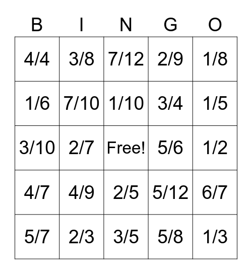 Fractions Bingo Card