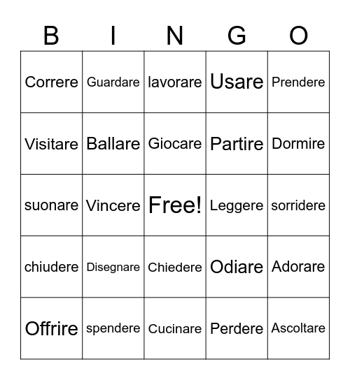 Verbi- ARE/ERE/IRE Bingo Card