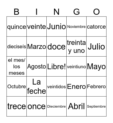 Español Bingo Card