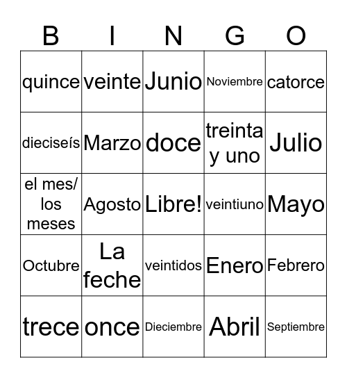 Español Bingo Card