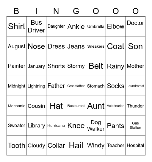 ESL Review Bingo Card