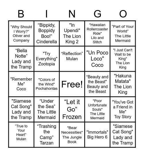 Disney Song Bingo Card