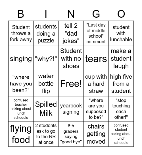 Lunch Duty BINGO Card