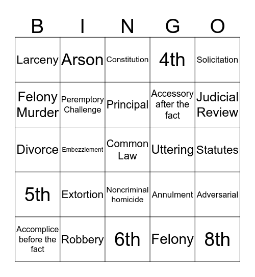 Street Law Final Review Bingo Card