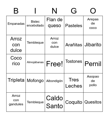 Puerto Rican Food Bingo Card