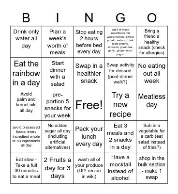 PCD Nutrition Bingo Card