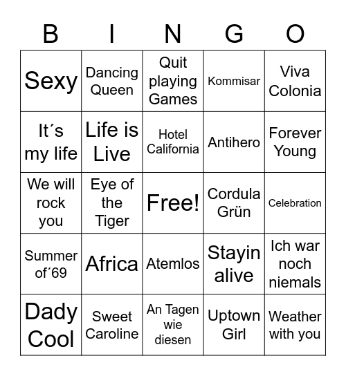 Song Bingo Card