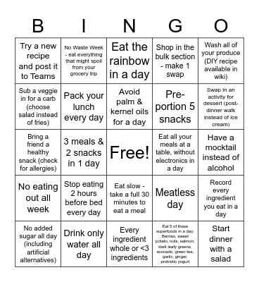 PCD Nutrition Bingo Card