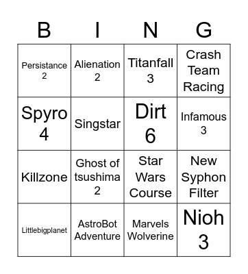 Playstation Show Bingo Card