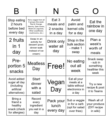 PCD Nutrition Bingo Card