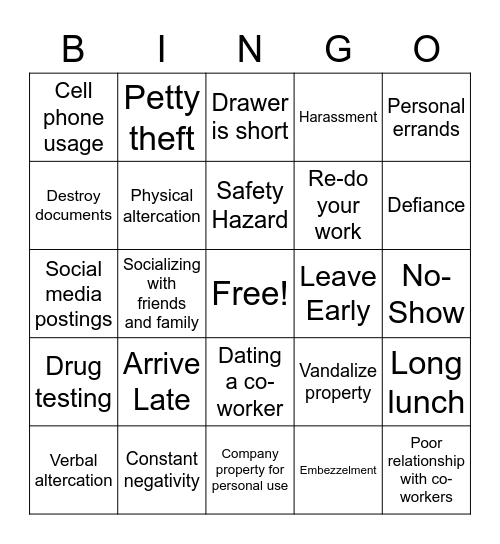 Don't Get Fired Bingo Card