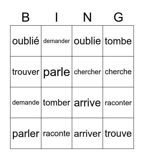 Verb Endings Bingo Card