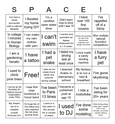 SPACE Icebreaker Bingo Card