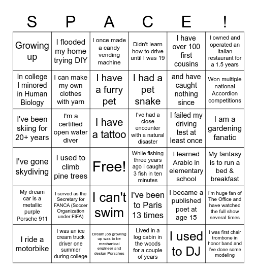 SPACE Team Bingo Card