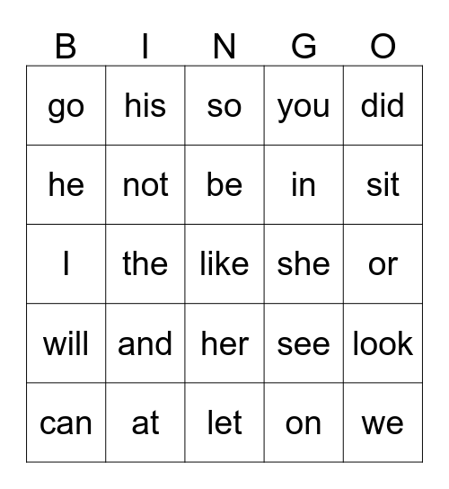 SIGHT WORD BINGO Card