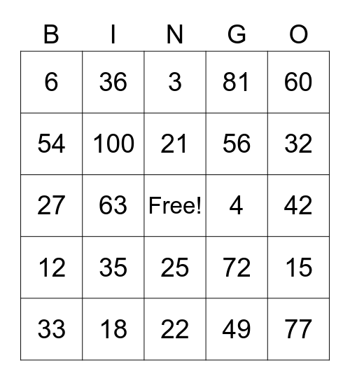Math Facts Bingo Card