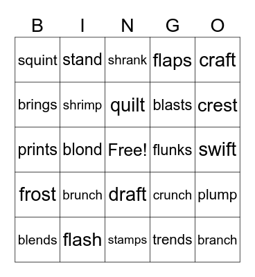 Blends, digraphs and Glued Sounds Bingo Card