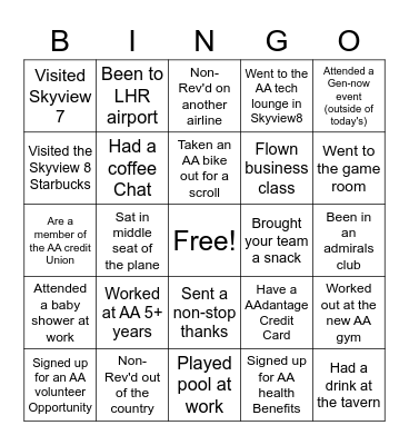 American Airlines Bingo Card