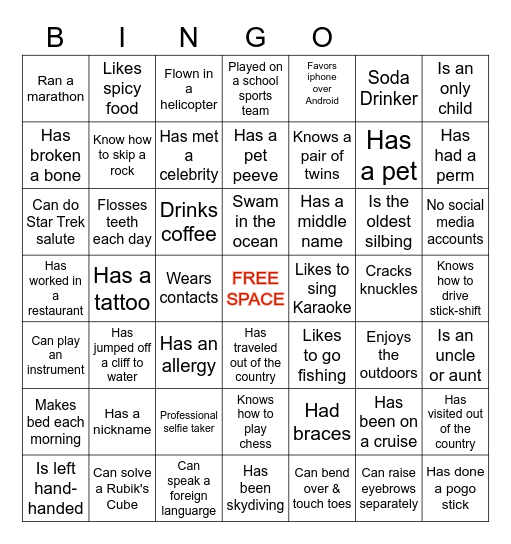 Health Promotion Bingo Card