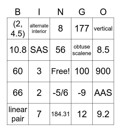 Geometry Review Bingo Card