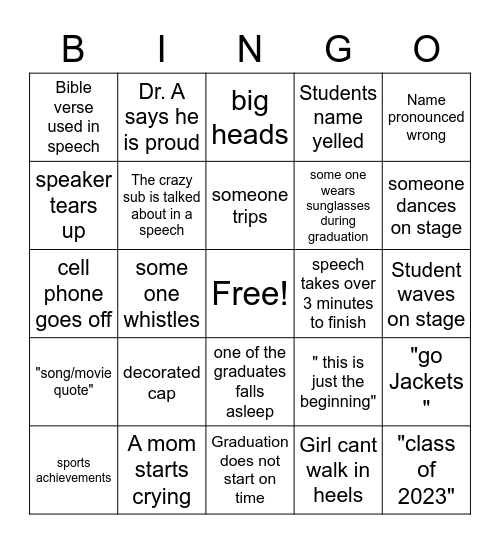 Graduation Bingo Card