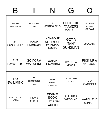 Summer Bingo Card