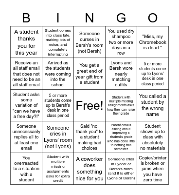 Last Week of School Bingo Card