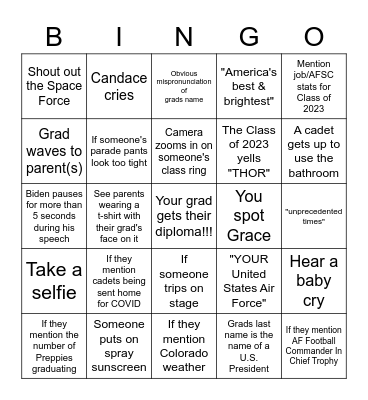 USAFA Class of 2023 Graduation Bingo Card