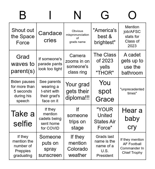 USAFA Class of 2023 Graduation Bingo Card