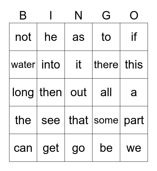 Sight Word Bingo Card
