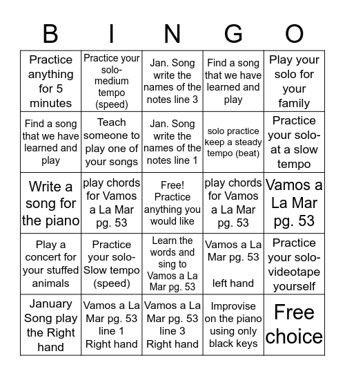 Practice Record Bingo--January 25- 31 Bingo Card