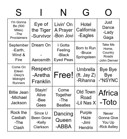 SINGO BINGO 1 Bingo Card