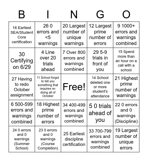 June Core Bingo Card