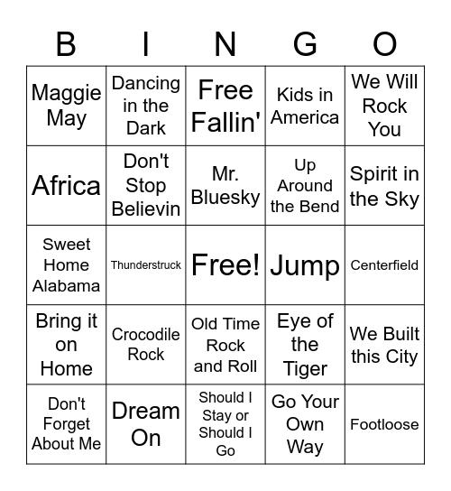 Classic Rock Bingo Card