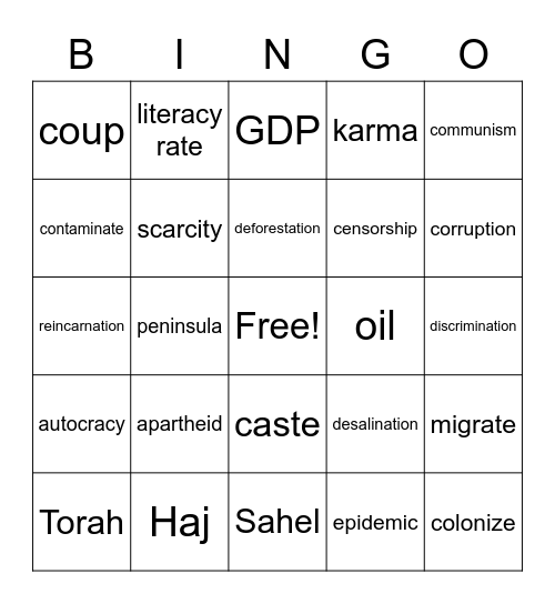 Social Studies Vocabulary 2023 Bingo Card