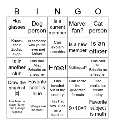 Mu Alpha Theta Bingo Card