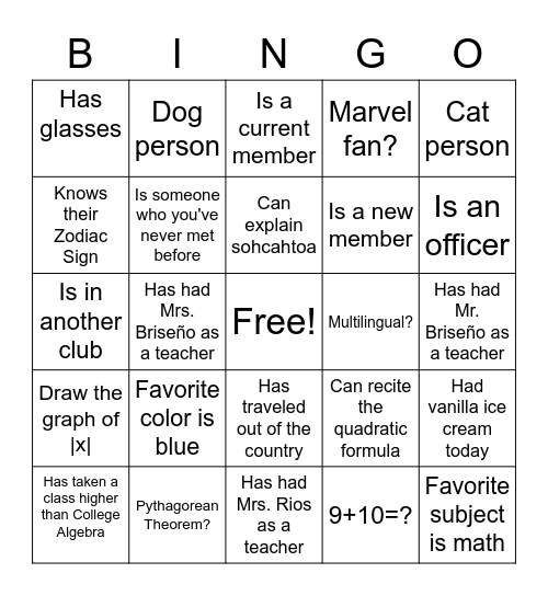 Mu Alpha Theta Bingo Card