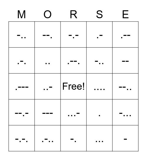 Morse Code Dits and Dahs Bingo Card