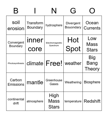 Earth Science Bingo Card