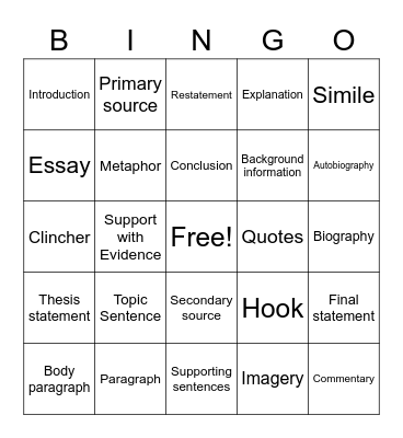 English Bingo Card