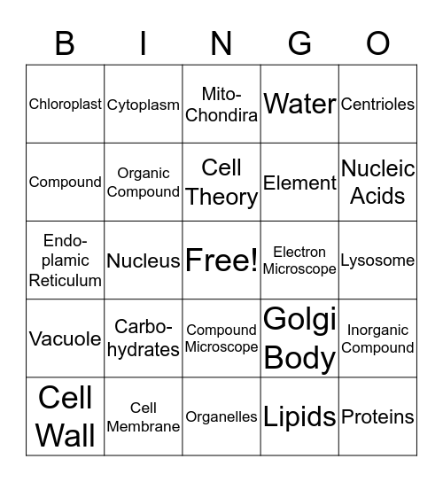 Organelles & Compounds Bingo Card