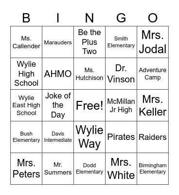 Wylie ISD BINGO Card