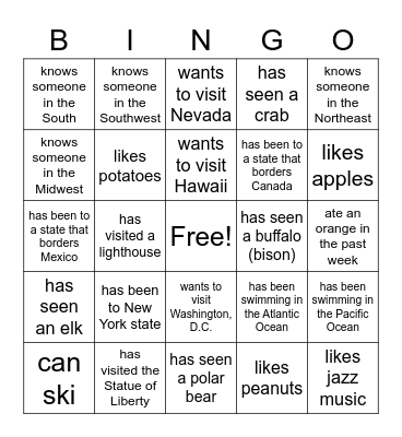 U.S. States and Products ESL Conversation Bingo Card