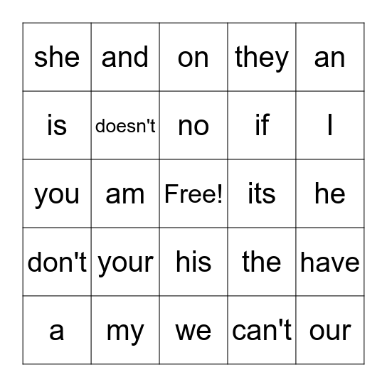 Common Words Bingo Card