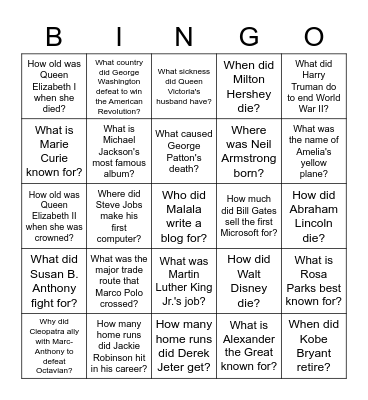 Biography Bingo Card