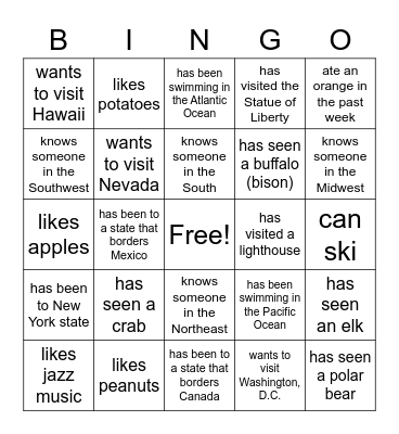U.S. States, Landmarks, Products, etc. for ESL Bingo Card