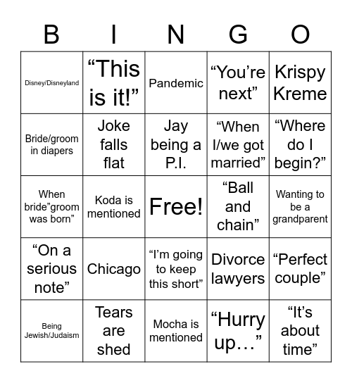 Wedding Speech Bingo Card