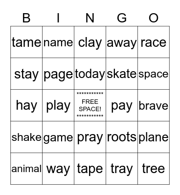 Long A Sound _A_E &  _AY Bingo Card