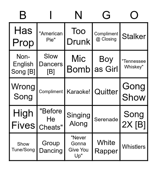 Karaoke Bingo Card