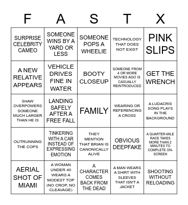 FAST & FURIOUS BINGO Card